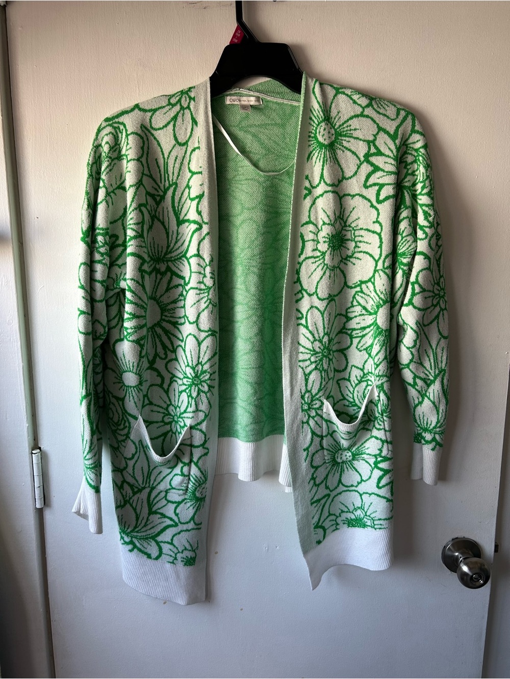 Cato White and Green Floral Open-Front Cardigan